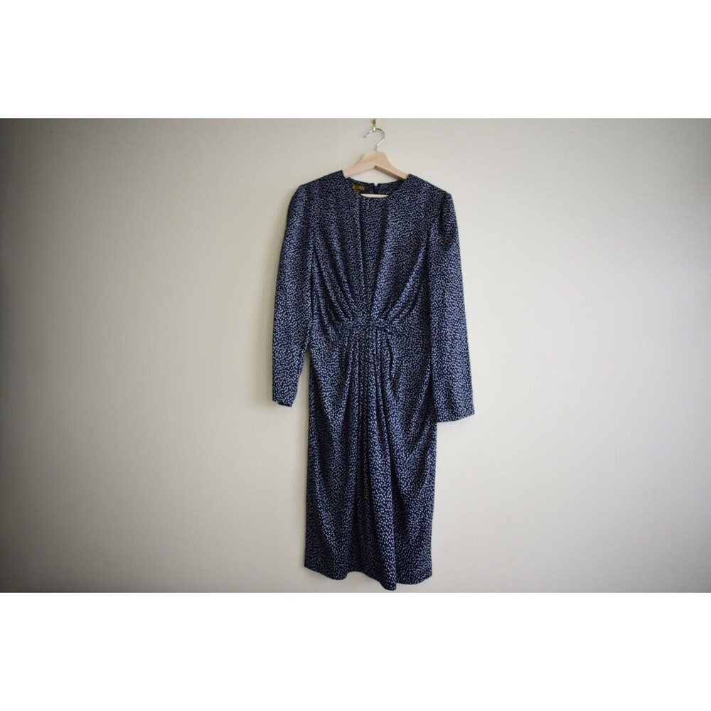 Vintage 80s does 40s Silk dress, polka dots gathered front No6, minimalist, Sz8